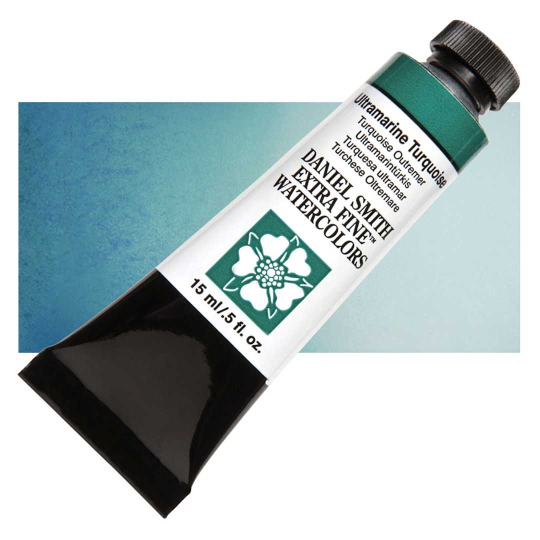 Open in modal - Daniel Smith Extra Fine Watercolor - Ultramarine Turquoise, 15 ml Tube and swatch