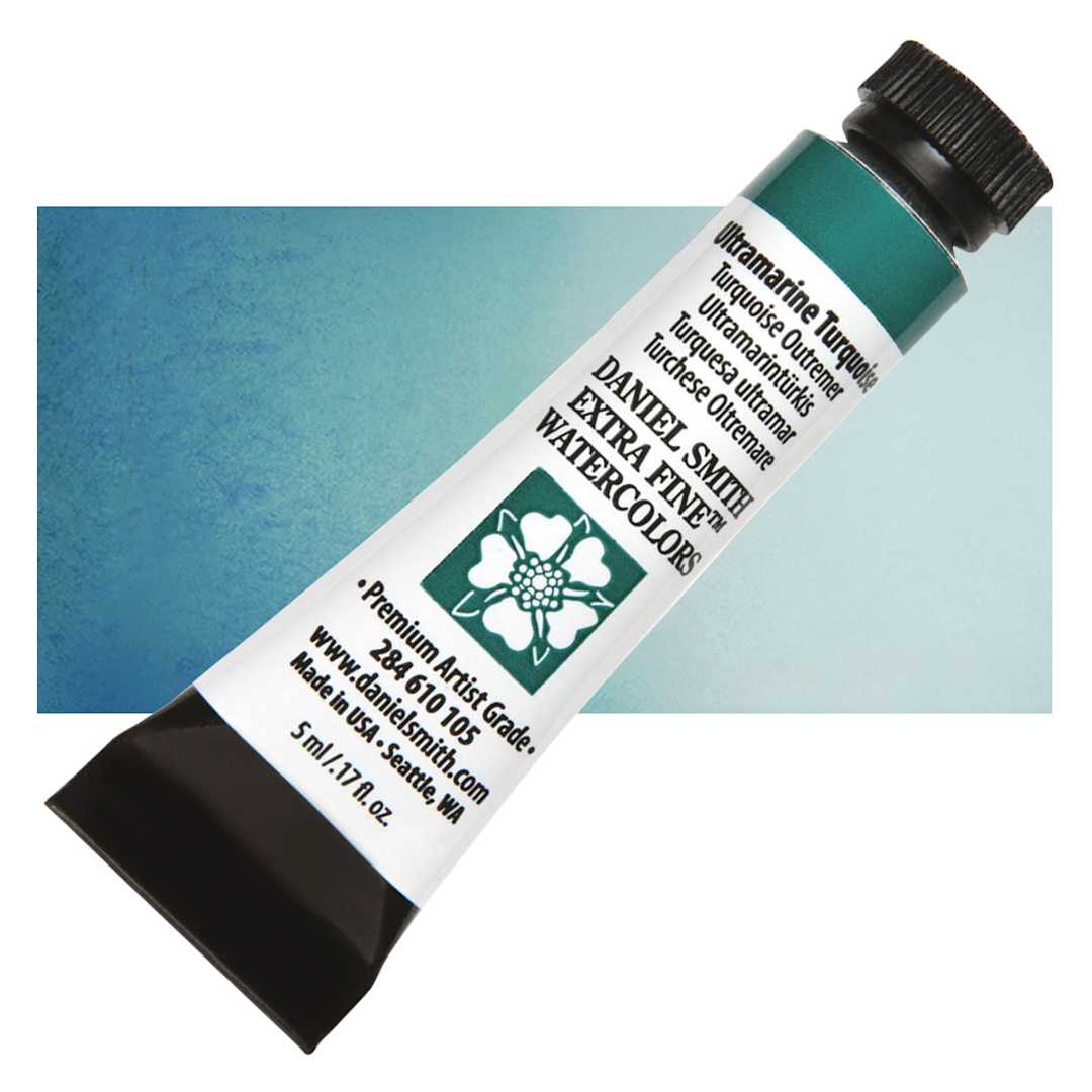Open in modal - Daniel Smith Extra Fine Watercolor - Ultramarine Turquoise, 5 ml Tube and swatch