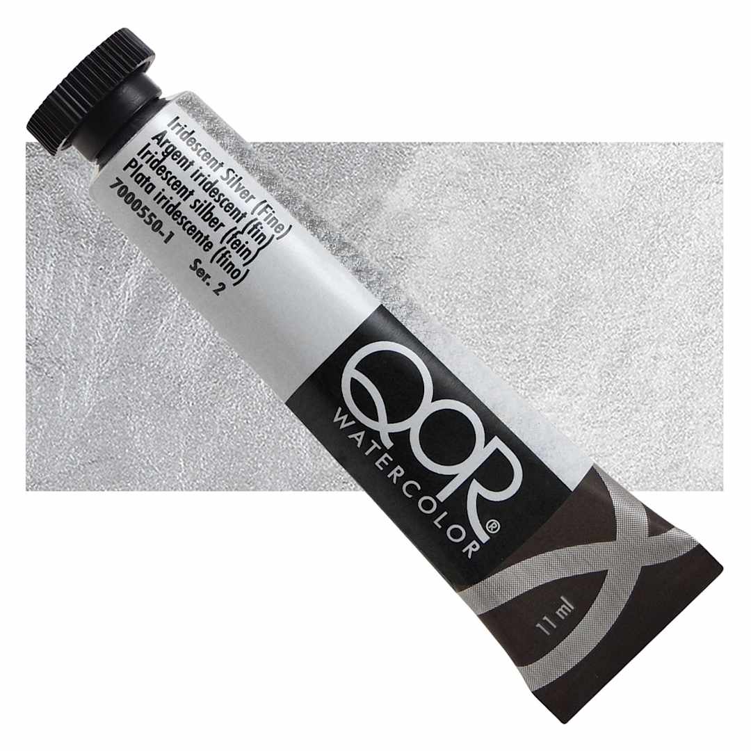 Open in modal - QoR Modern Watercolor - Iridescent Silver (Fine), 11 ml tube and swatch
