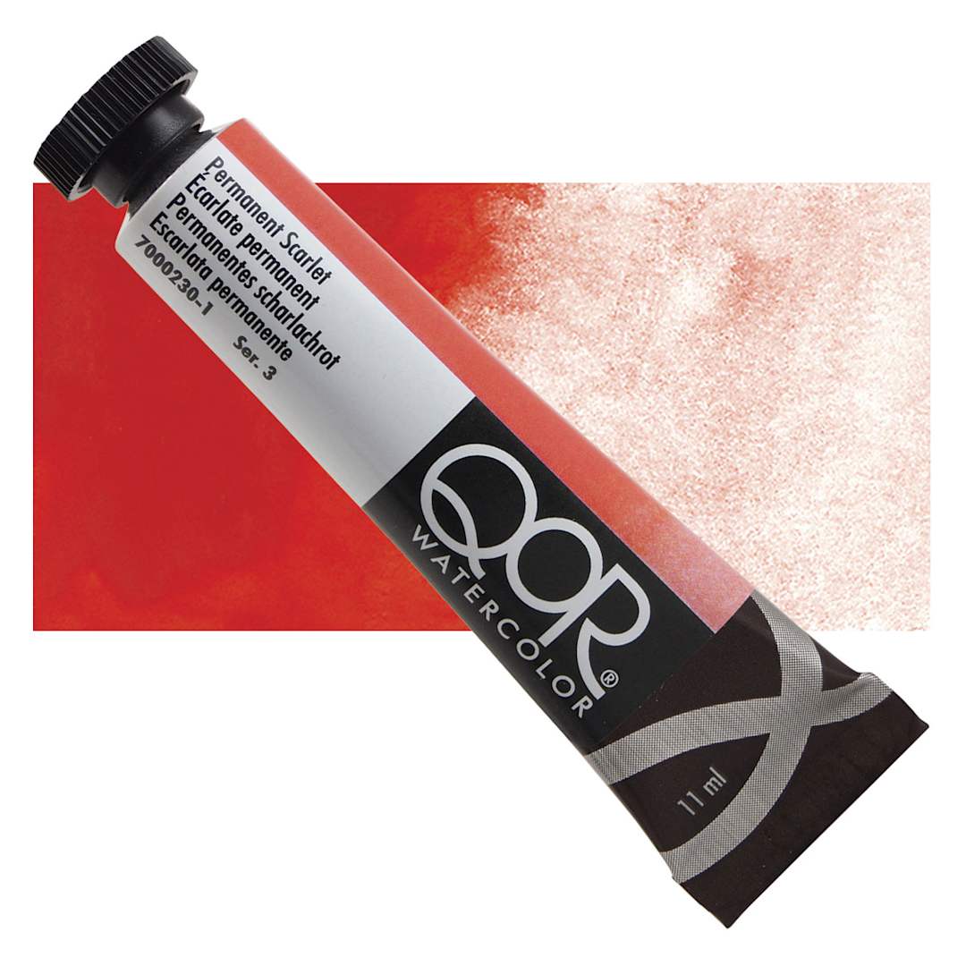 Open in modal - QoR Modern Watercolor - Permanent Scarlet 11 ml tube and swatch