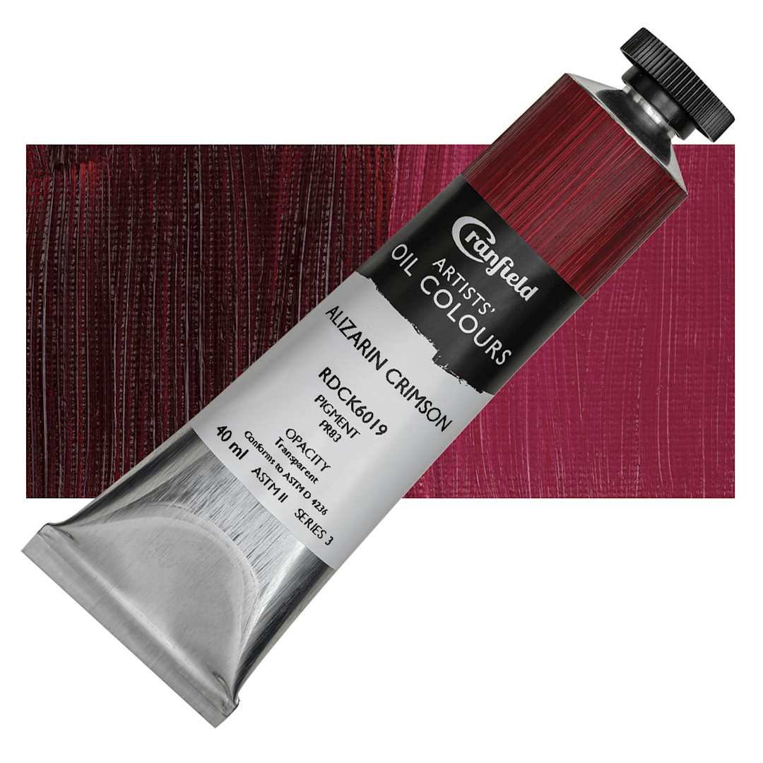 Open in modal - Cranfield Artists' Oil Paint - Alizarin Crimson, 40 ml, Tube and swatch