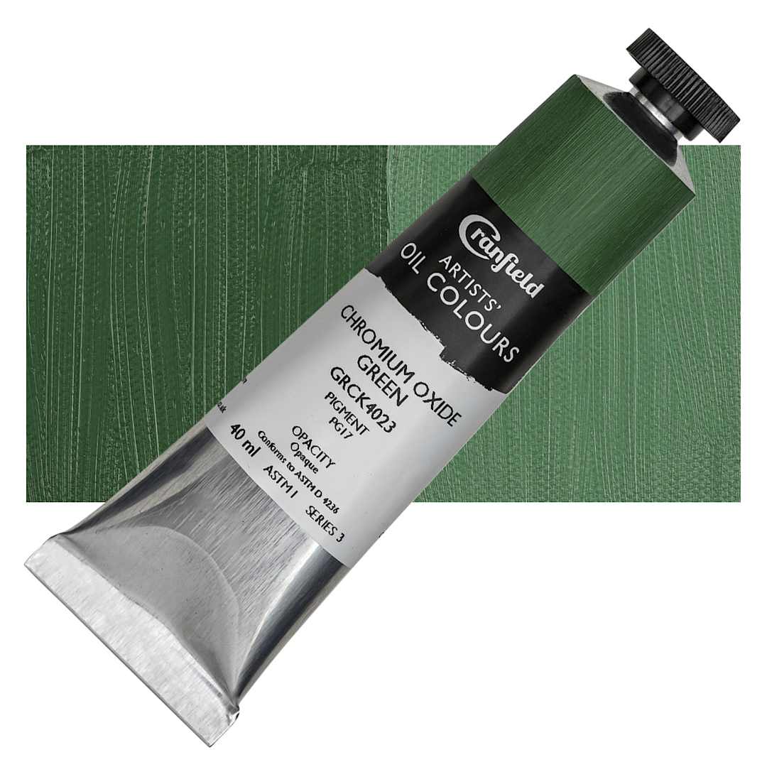 Open in modal - Cranfield Artists' Oil Paint - Chromium Oxide Green, 40 ml, Tube and swatch