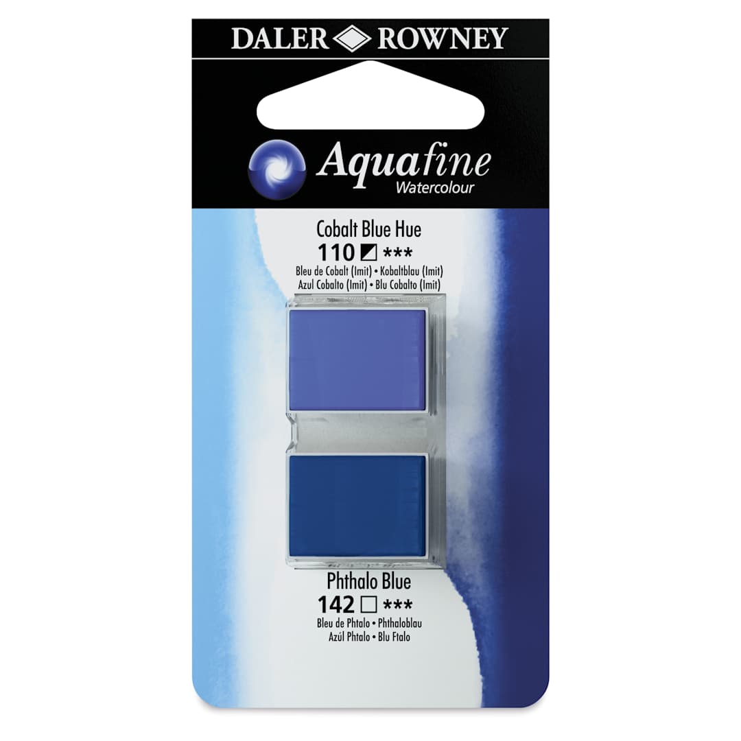 Open in modal - Daler-Rowney Aquafine Watercolors - Set of 2, Cobalt Blue Hue and Phthalo Blue, Half Pan