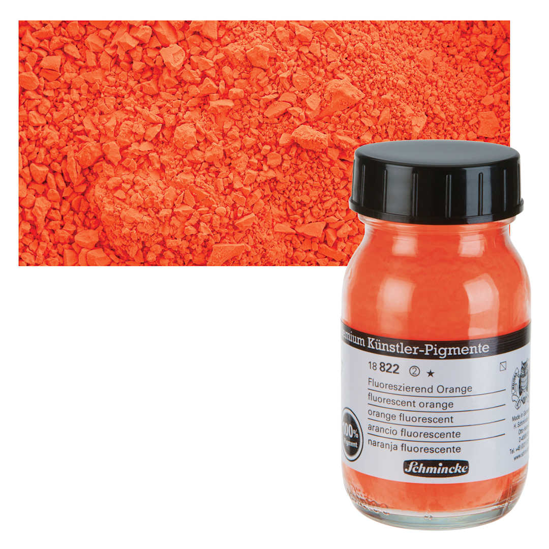 Open in modal - Schmincke Pigment - Fluorescent Orange, 100 ml Jar and swatch