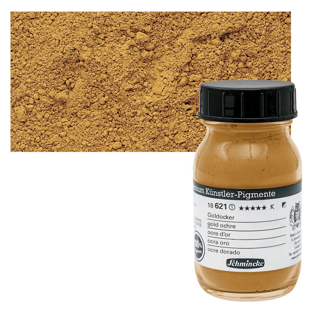 Open in modal - Schmincke Pigment - Gold Ochre, 100 ml Jar and swatch