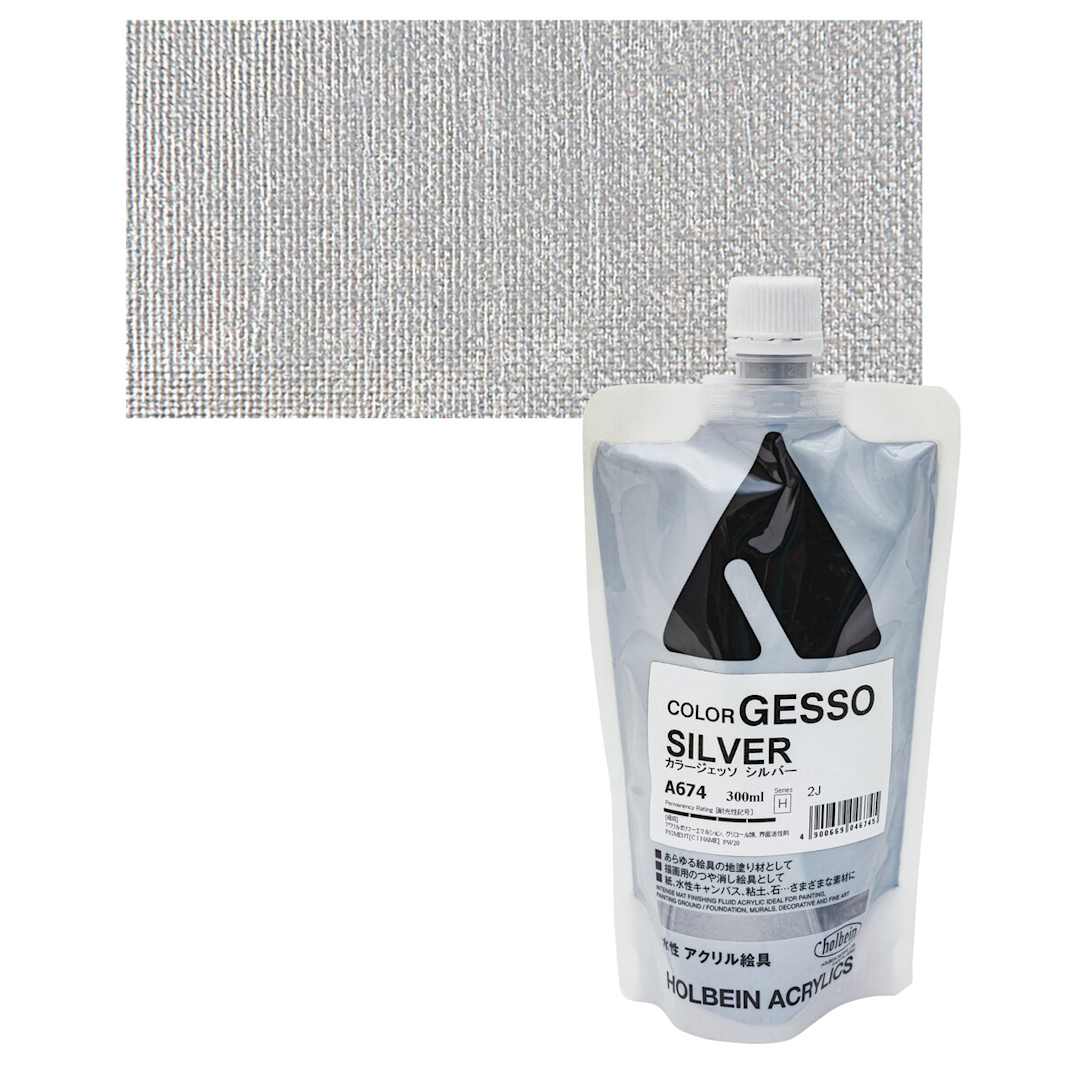 Open in modal - Holbein Acryla Gesso - Metallic Silver, 300 ml pouch and swatch