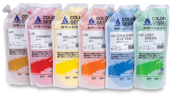 Open in modal - Holbein Acryla Colored Gesso - Row of Assorted Color Poly Bags of Gesso