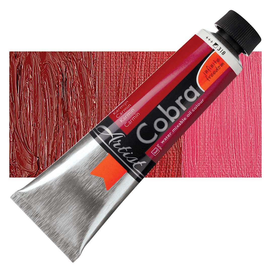 Open in modal - Royal Talens Cobra Water Mixable Oil Paint - Carmine, 40 ml tube and swatch