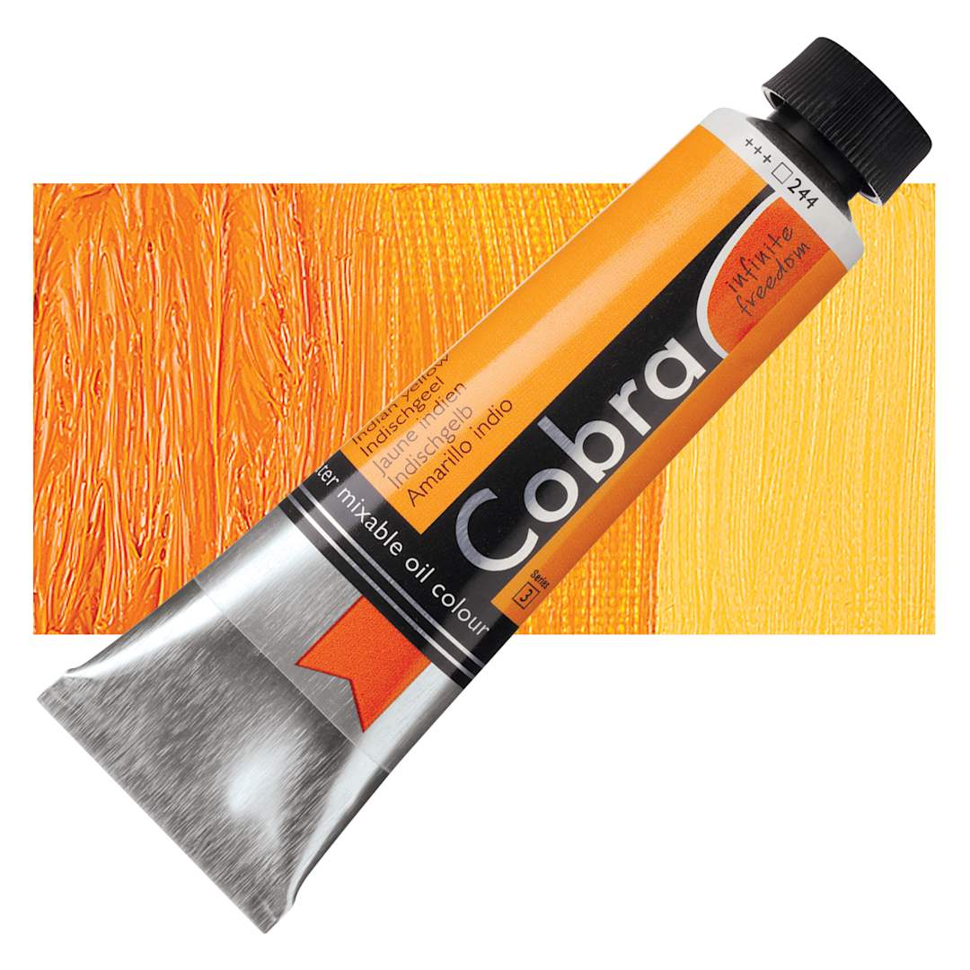 Open in modal - Royal Talens Cobra Water Mixable Oil Paint - Indian Yellow, 40 ml tube and swatch