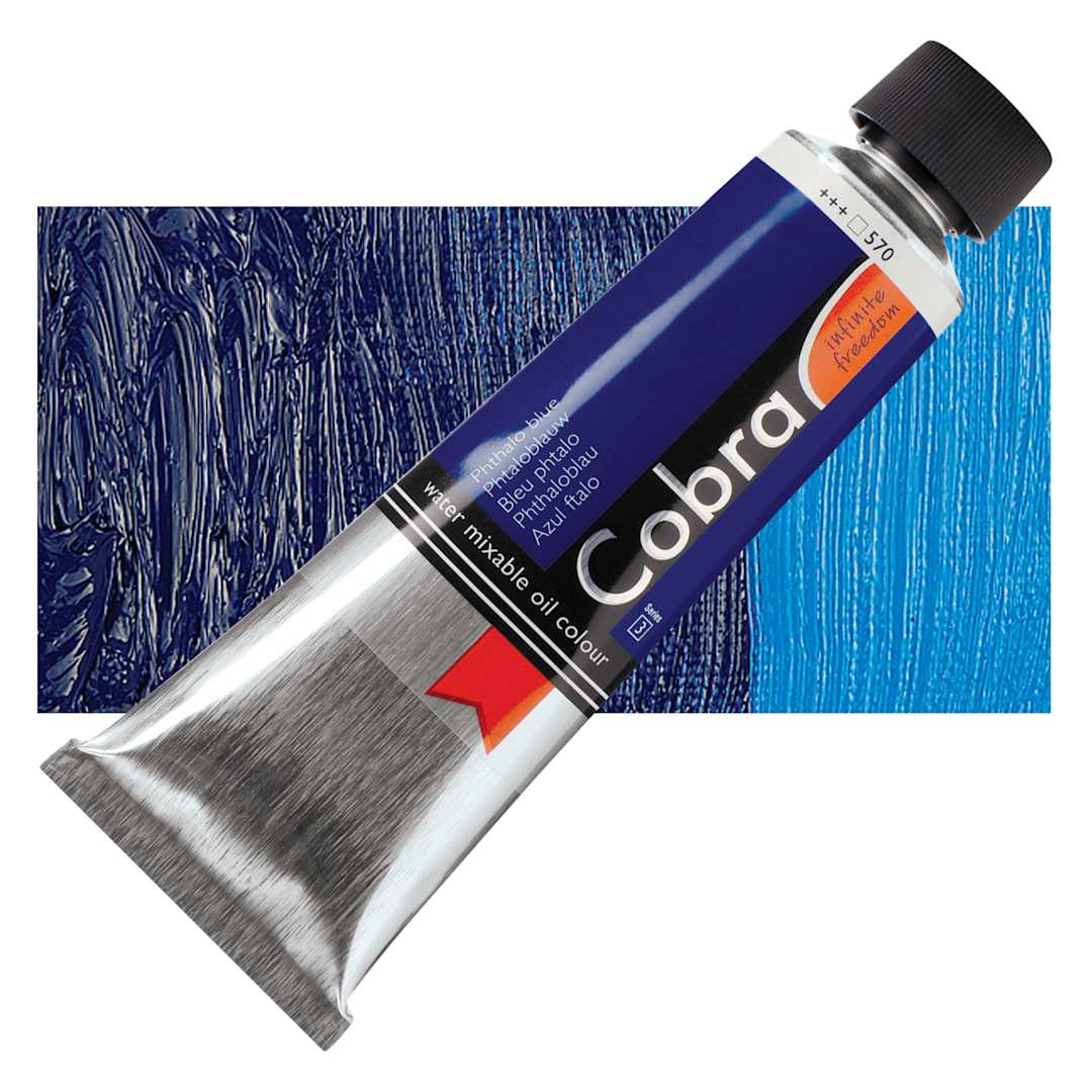 Open in modal - Royal Talens Cobra Water Mixable Oil Paint - Phthalo Blue, 150 ml tube and swatch