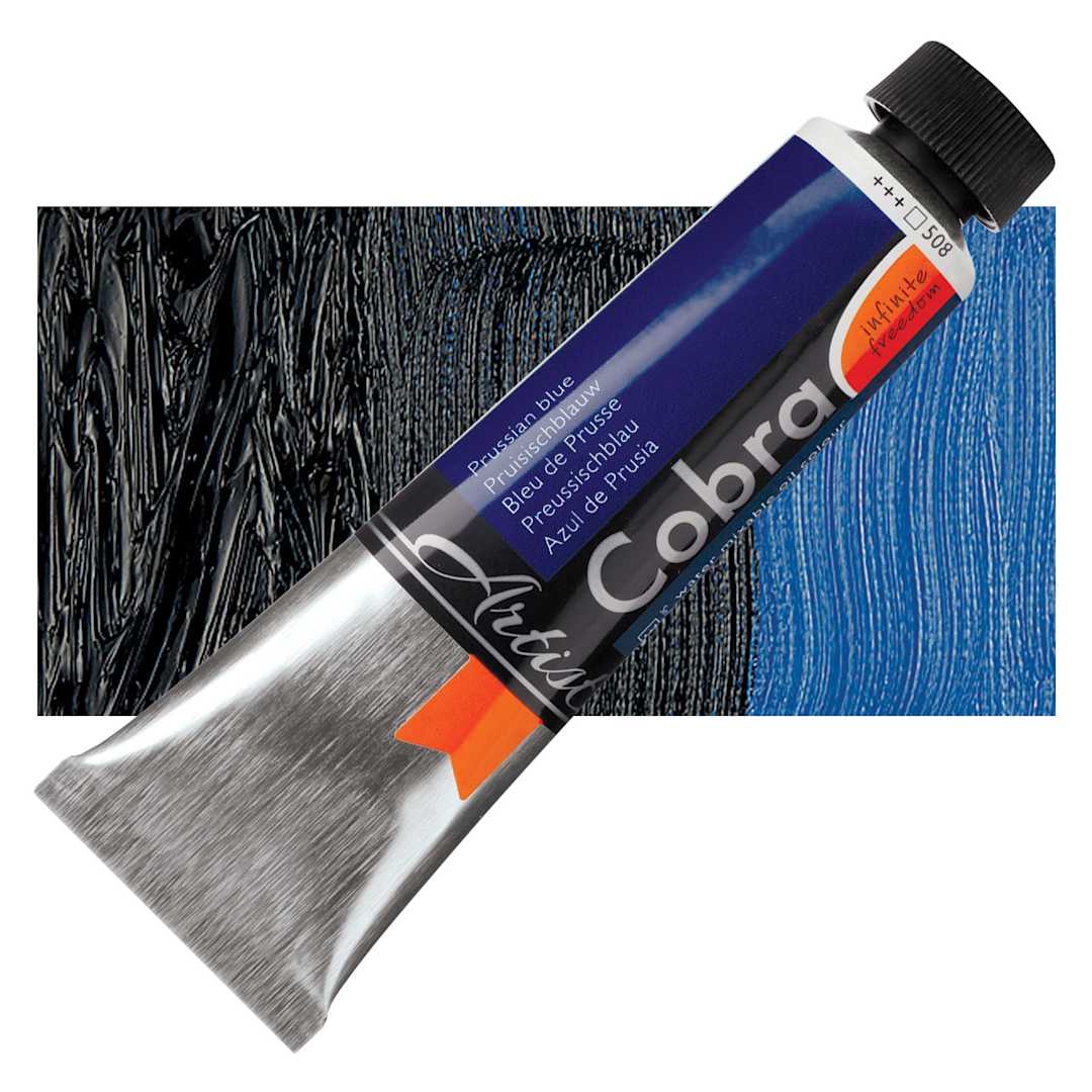 Open in modal - Royal Talens Cobra Water Mixable Oil Paint - Prussian Blue, 40 ml tube and swatch