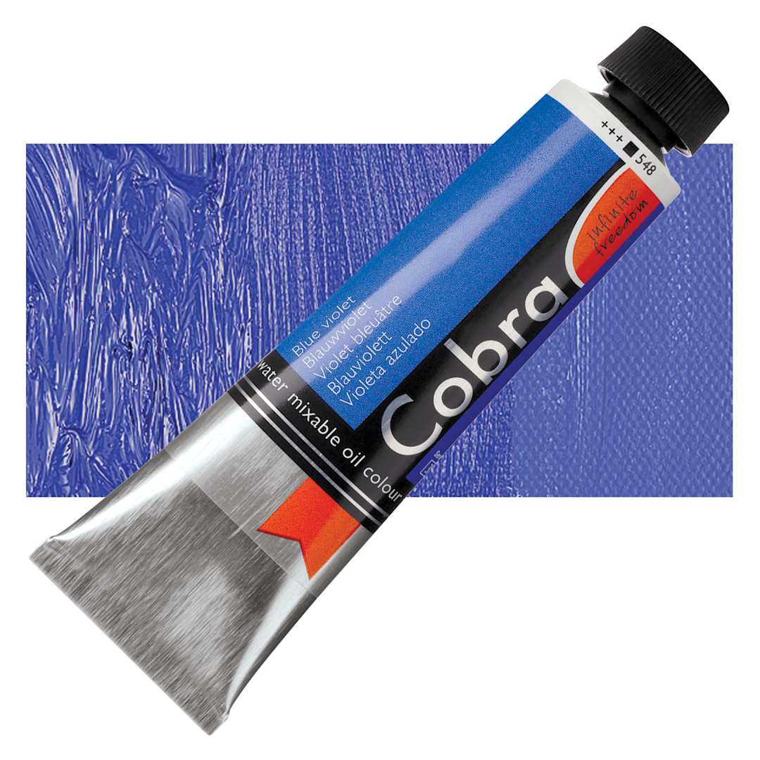 Open in modal - Royal Talens Cobra Water Mixable Oil Paint - Blue Violet, 40 ml tube and swatch