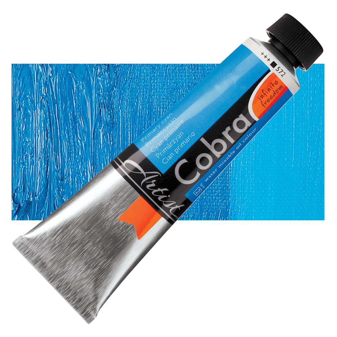 Open in modal - Royal Talens Cobra Water Mixable Oil Paint - Primary Cyan, 40 ml tube and swatch
