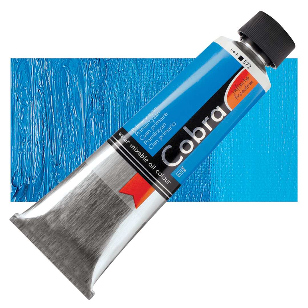 Open in modal - Royal Talens Cobra Water Mixable Oil Paint - Primary Cyan, 150 ml tube and swatch