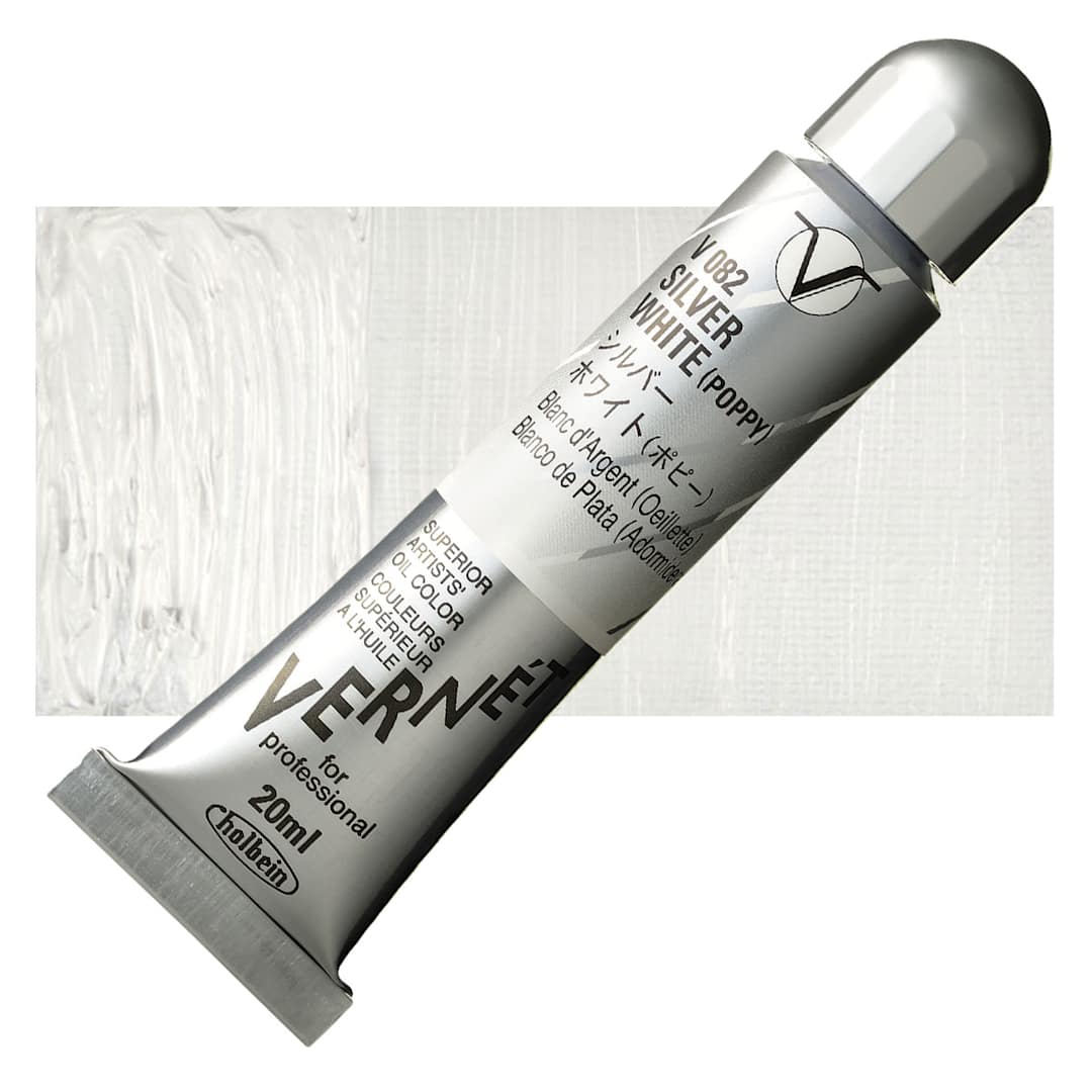 Open in modal - Holbein Vernét Superior Artists' Oil Paint - Silver White Flake (Poppy), 20 ml tube and swatch