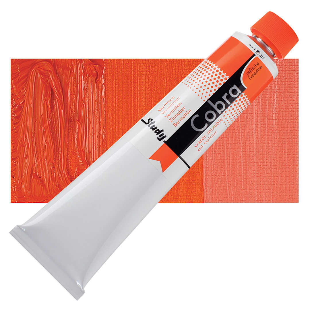 Open in modal - Royal Talens Cobra Study Water Mixable Oil Paint - Vermilion, 200 ml tube and swatch