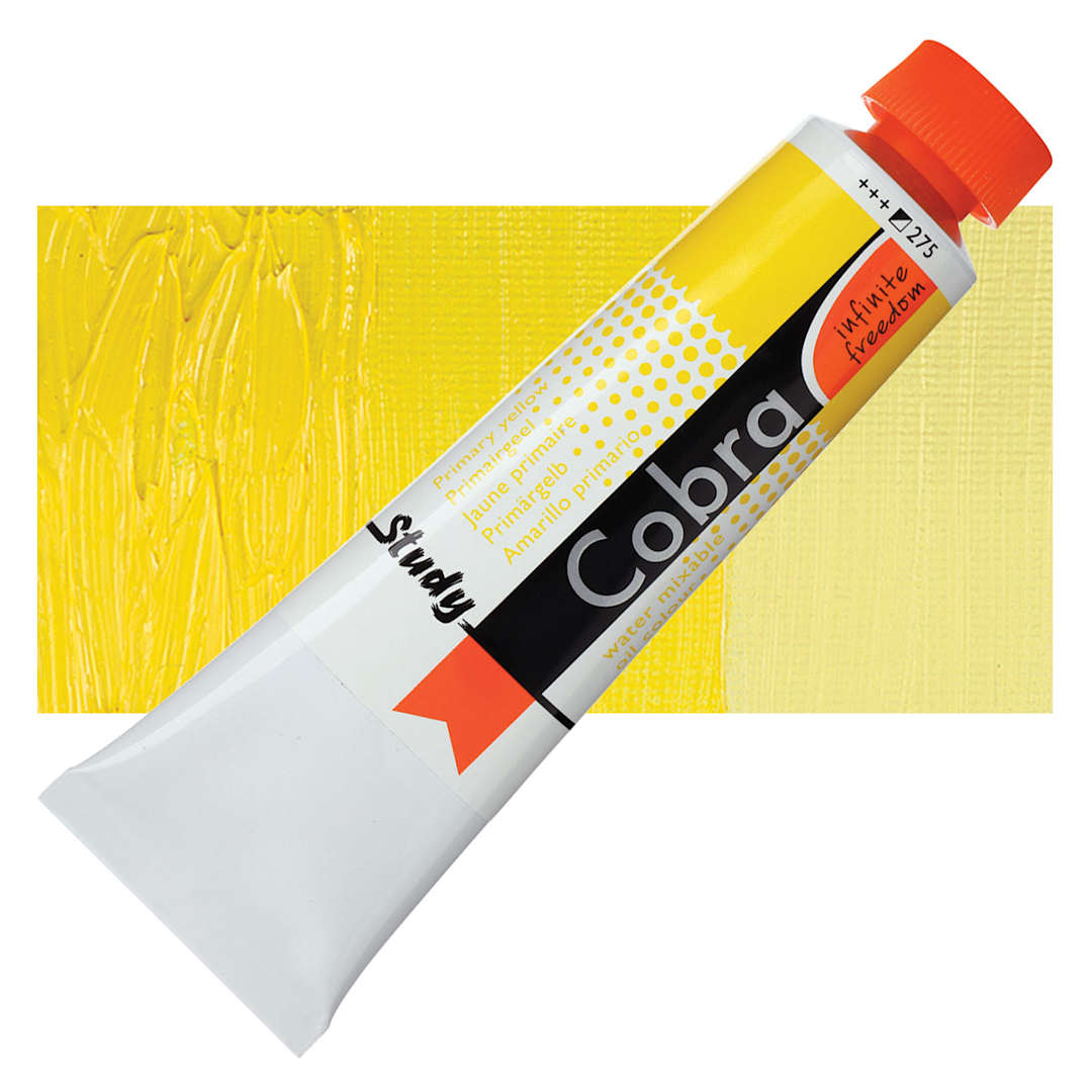 Open in modal - Royal Talens Cobra Study Water Mixable Oil Paint - Primary Yellow, 40 ml tube and swatch