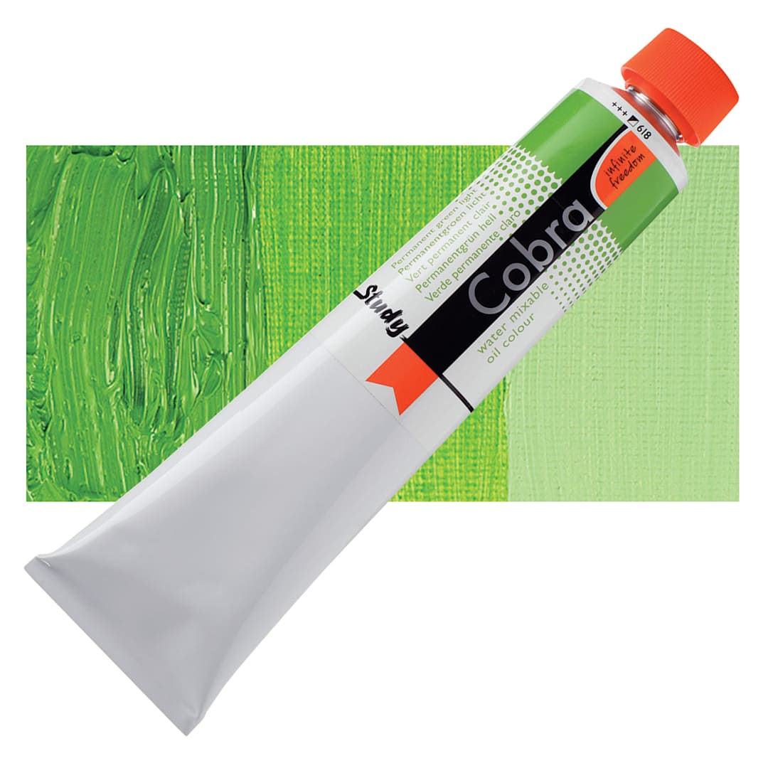 Open in modal - Royal Talens Cobra Study Water Mixable Oil Paint - Permanent Green Light, 40 ml tube and swatch