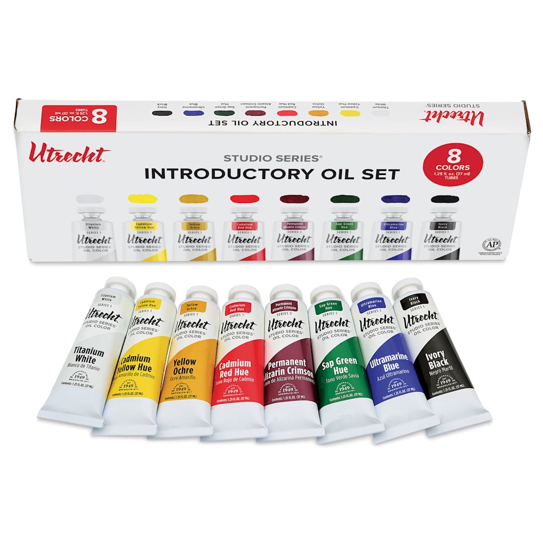 Open in modal - Utrecht Studio Series Oil Paints - Set of 8, Introductory Colors, 37 ml, contents and packaging