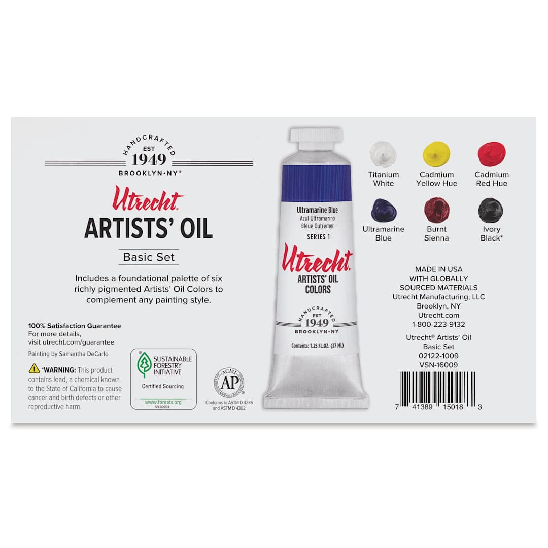 Open in modal - Utrecht Artists' Oil Paint - Set of 6, Basic Colors, 37 ml, back of packaging