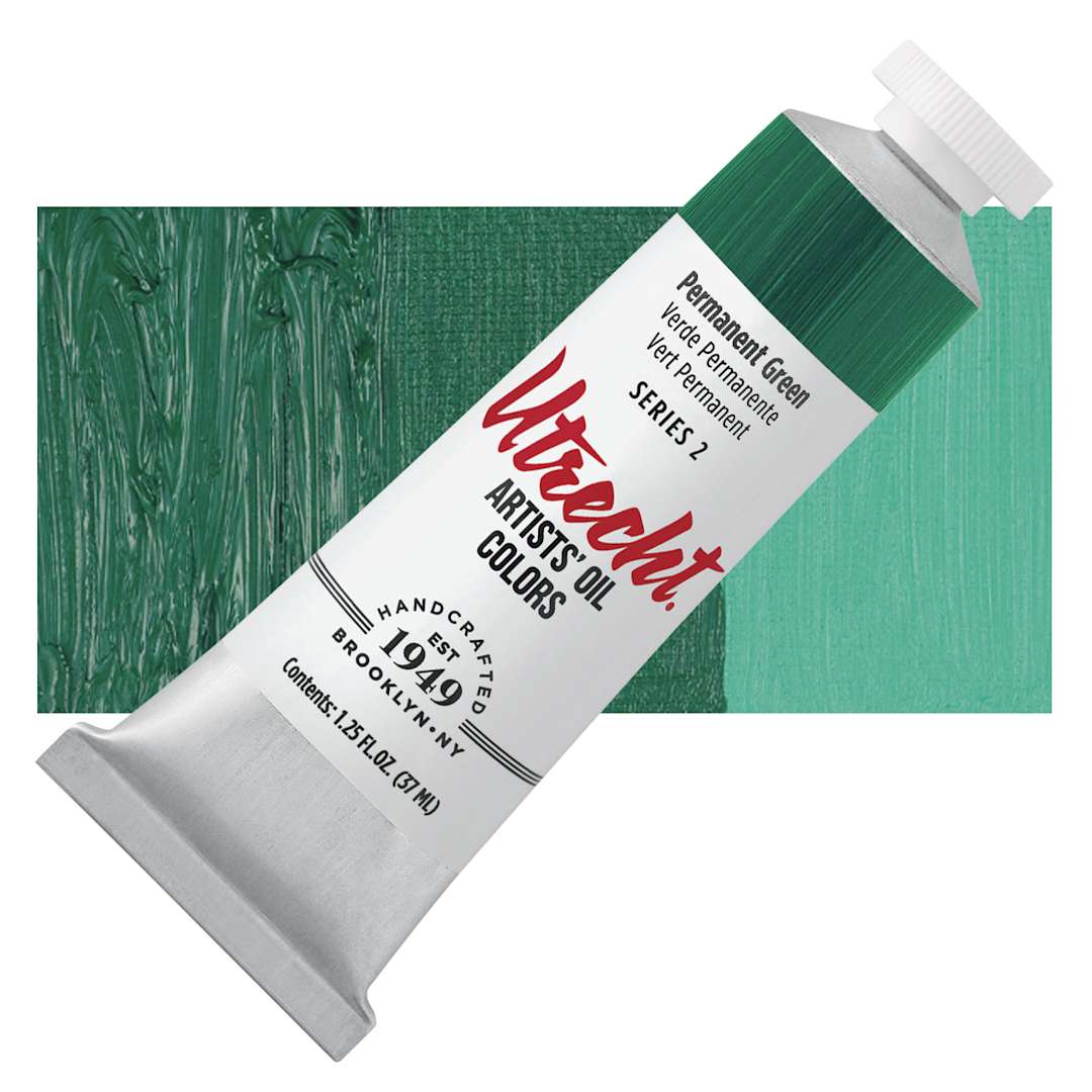 Open in modal - Utrecht Artists' Oil Paint - Permanent Green, 37 ml tube and swatch