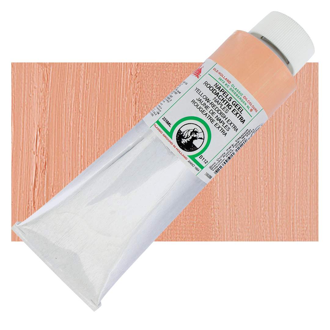 Open in modal - Old Holland Classic Oil Color - Naples Yellow Reddish Extra, 225 ml tube and swatch