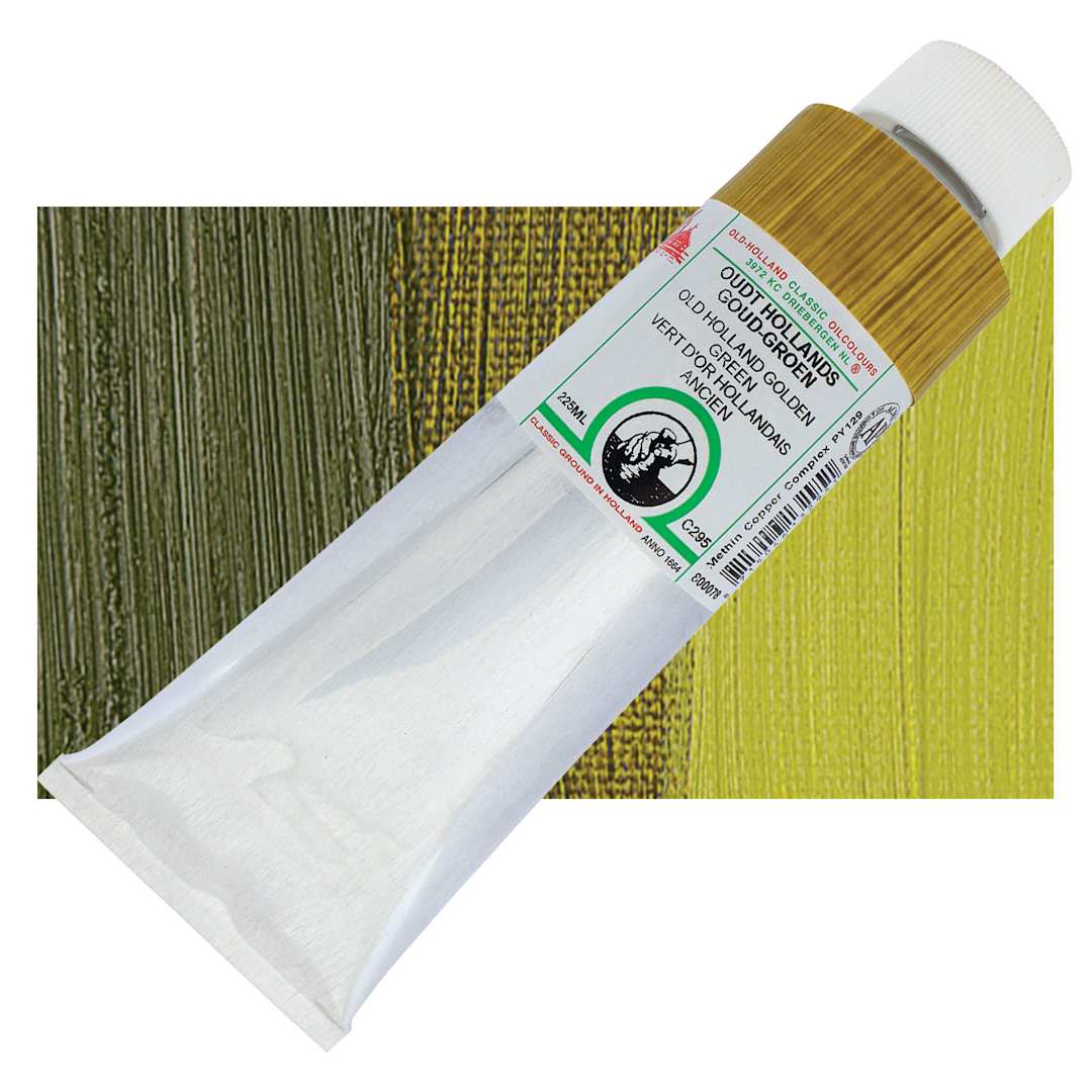 Open in modal - Old Holland Classic Oil Color - Old Holland Golden Green, 225 ml tube and swatch