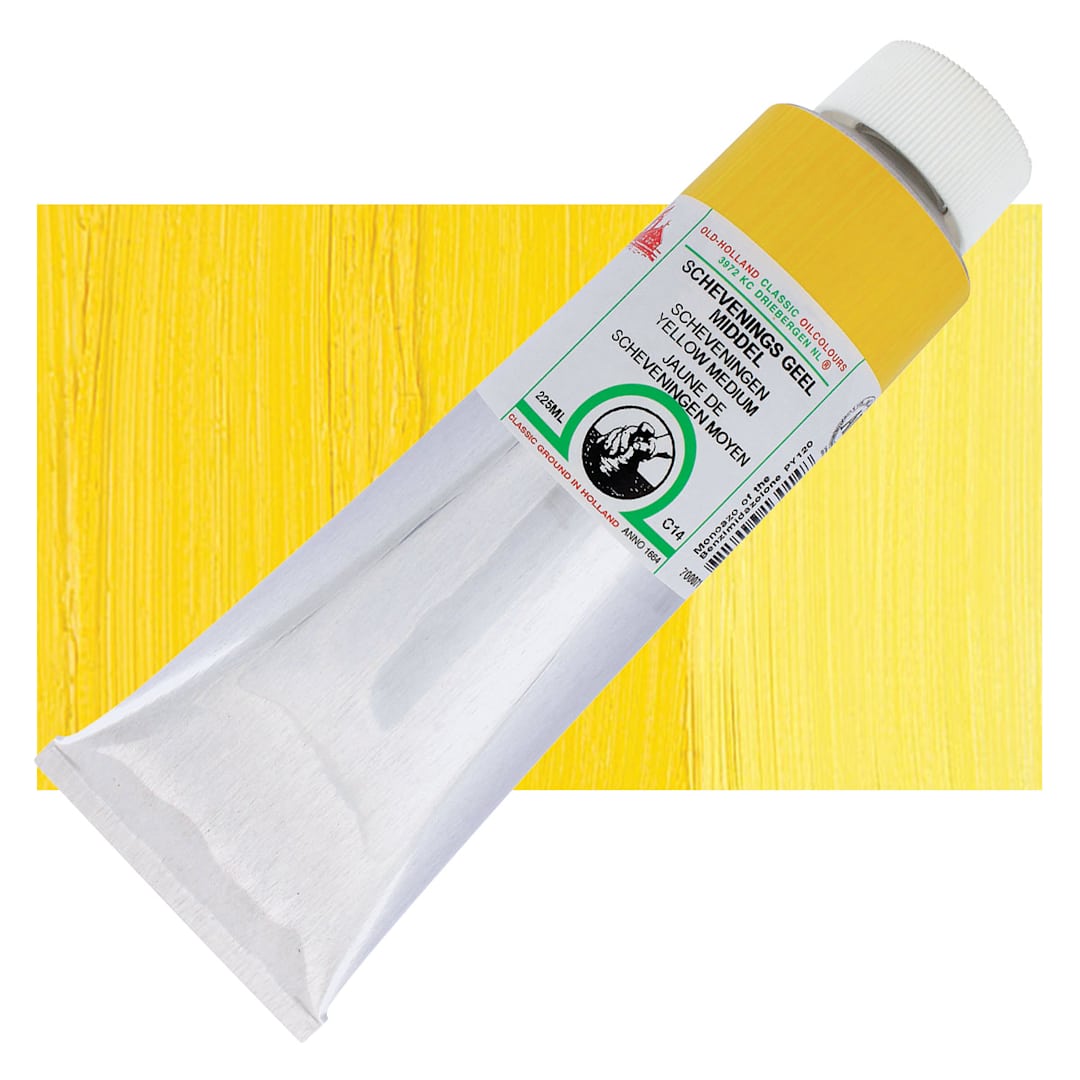 Open in modal - Old Holland Classic Oil Color - Scheveningen Yellow Medium, 225 ml tube and swatch