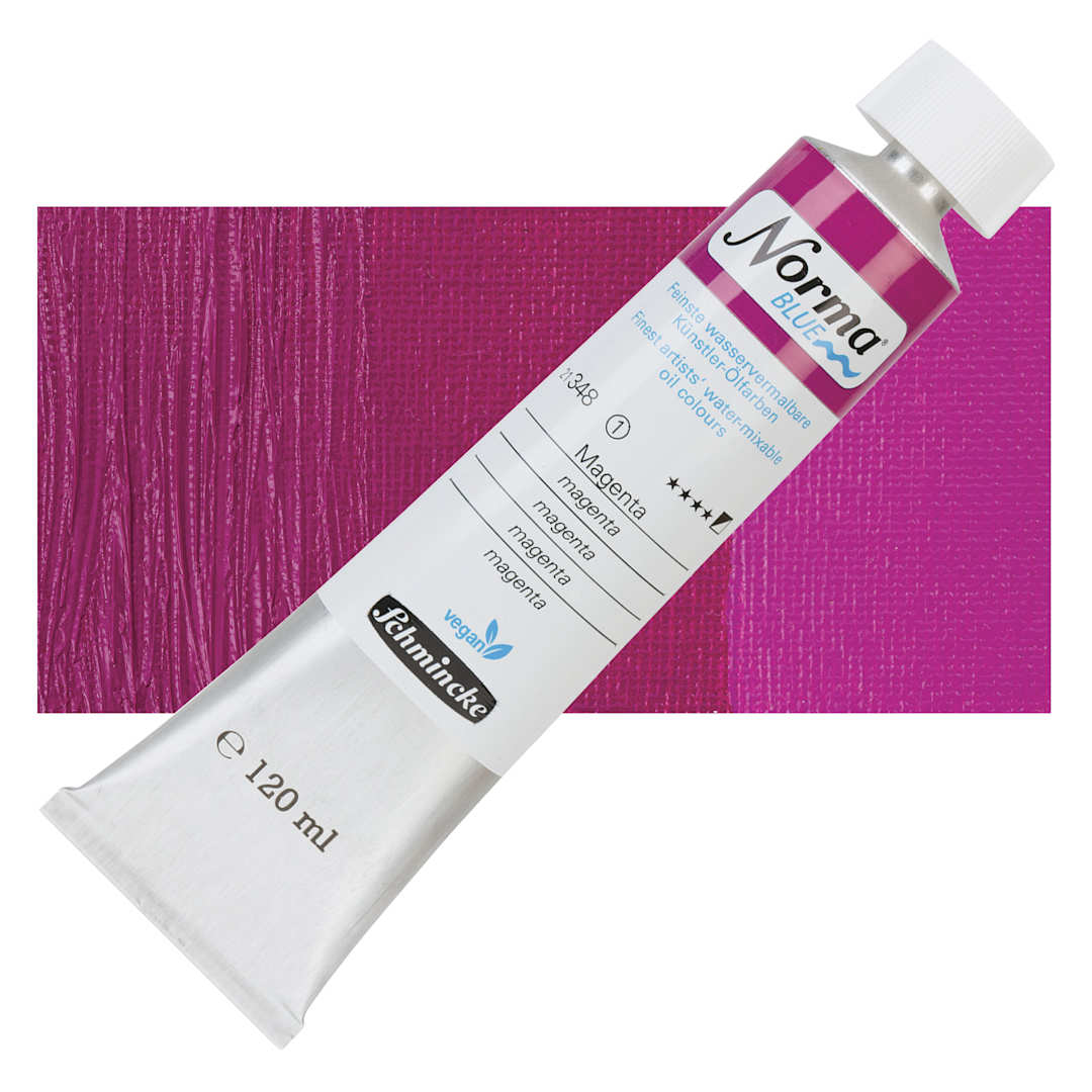 Open in modal - Schmincke Norma Blue Water-Mixable Oil Paint - Magenta, 120 ml tube and swatch