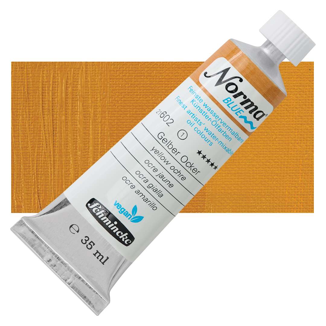 Open in modal - Schmincke Norma Blue Water-Mixable Oil Paint - Yellow Ochre, 35 ml tube and swatch