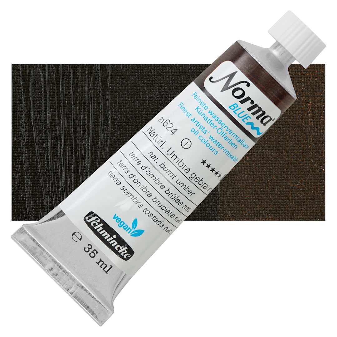 Open in modal - Schmincke Norma Blue Water-Mixable Oil Paint - Natural Burnt Umber, 35 ml, tube and swatch