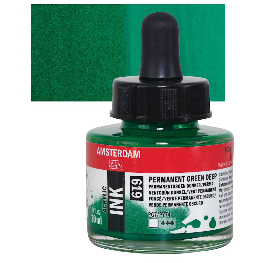 Open in modal - Amsterdam Acrylic Ink - Permanent Green Deep, 30 ml bottle and swatch