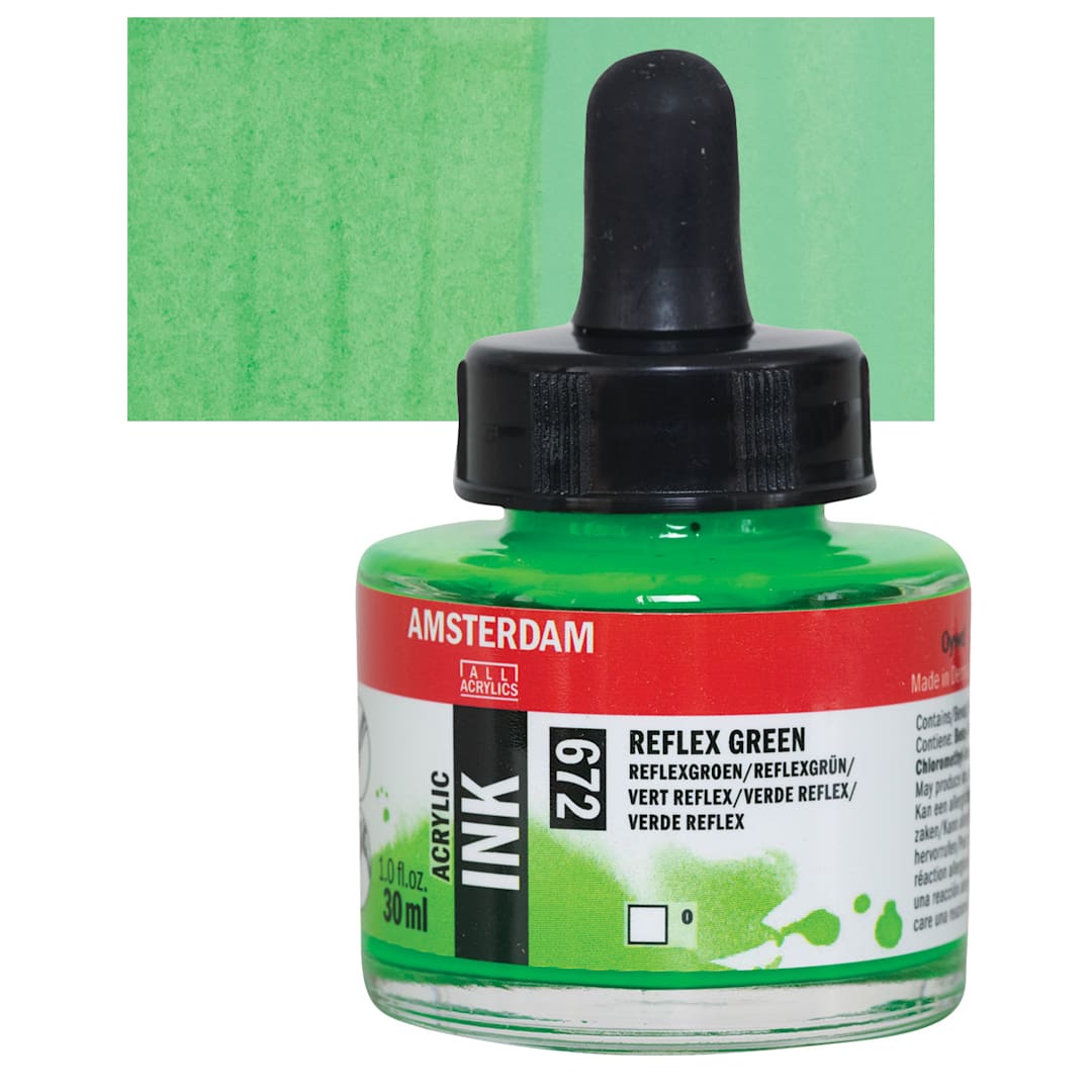 Open in modal - Amsterdam Acrylic Ink - Reflex Green, 30 ml bottle and swatch