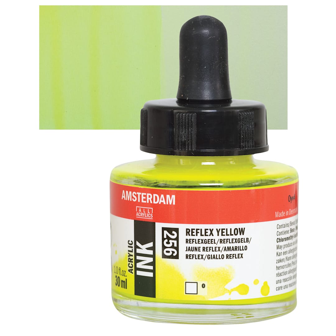 Open in modal - Amsterdam Acrylic Ink - Reflex Yellow, 30 ml bottle and swatch