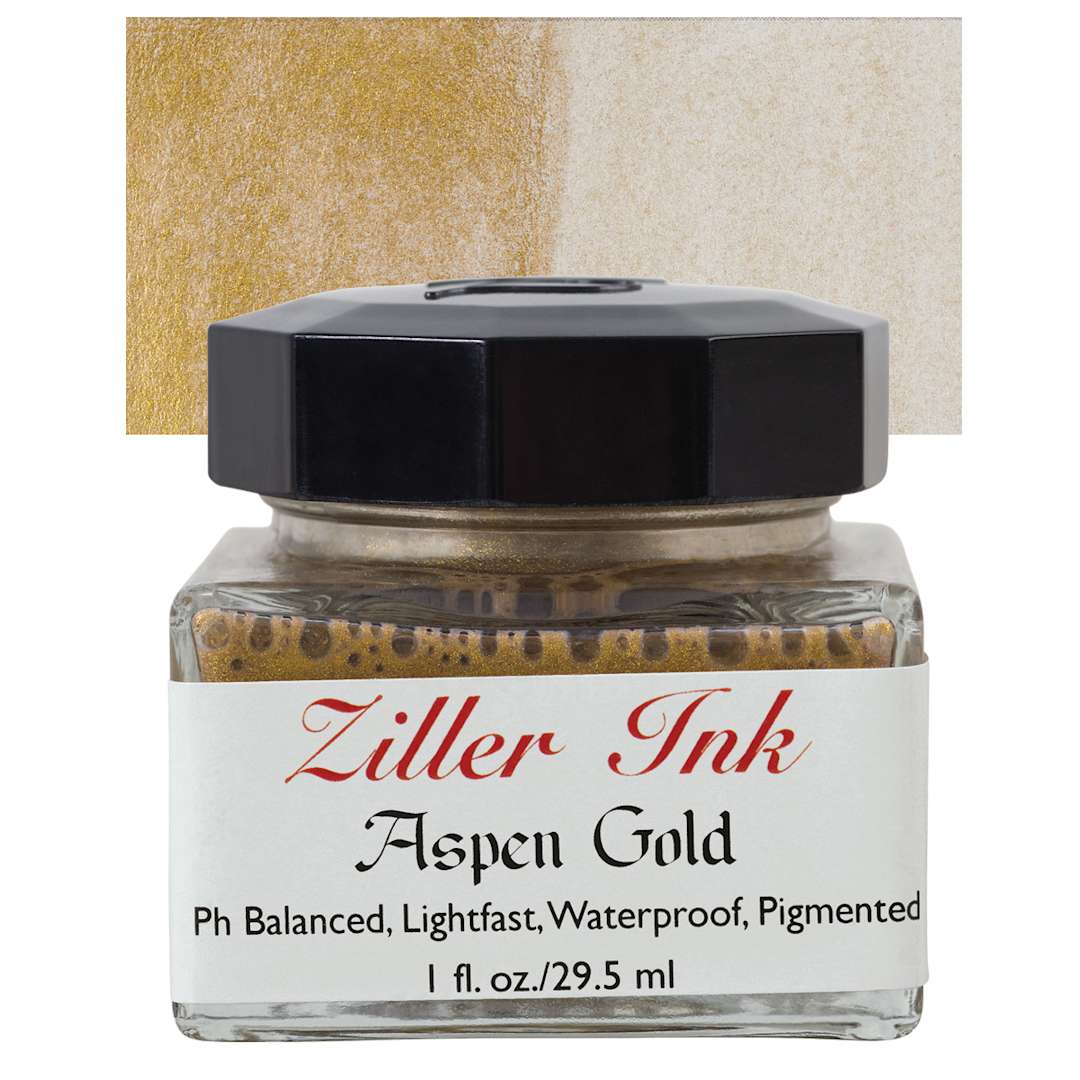 Open in modal - Ziller Ink - Aspen Gold Metallic, 1 oz bottle and swatch