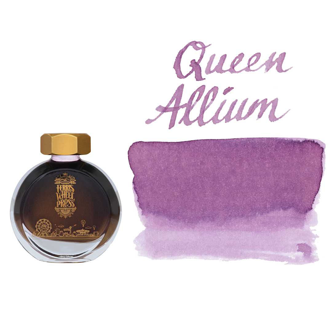Open in modal - Ferris Wheel Press Fountain Pen Ink - Queen Allium, swatch and bottle