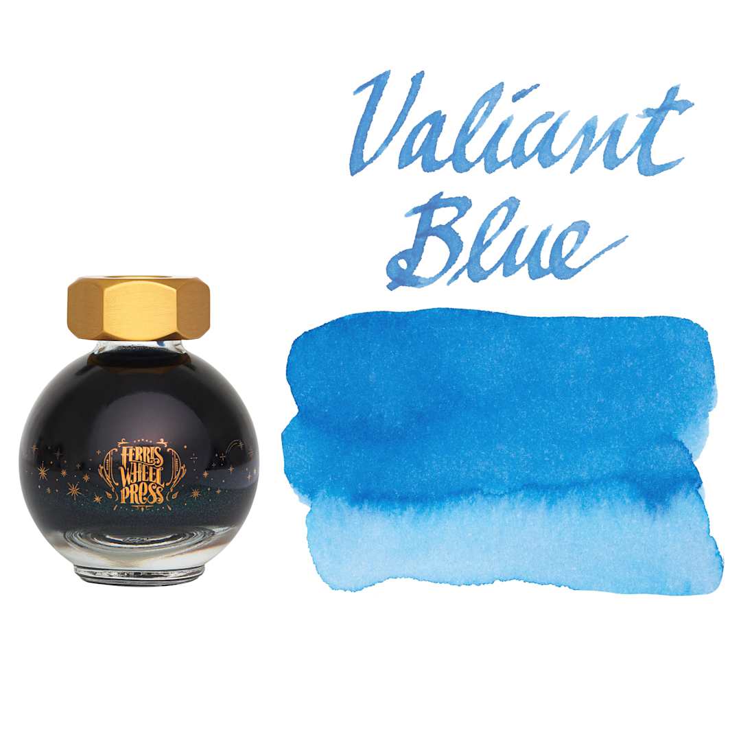 Open in modal - Ferris Wheel Press Ferritales Fountain Pen Ink - Valiant Blue, swatch and bottle