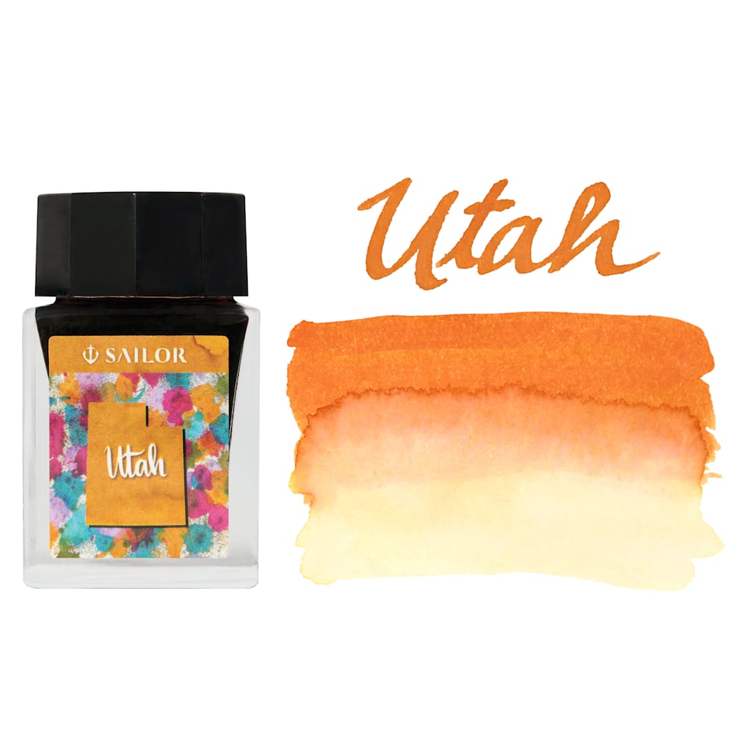 Open in modal - Sailor USA State Ink - Utah, Golden Amber, 20 ml, swatch and bottle