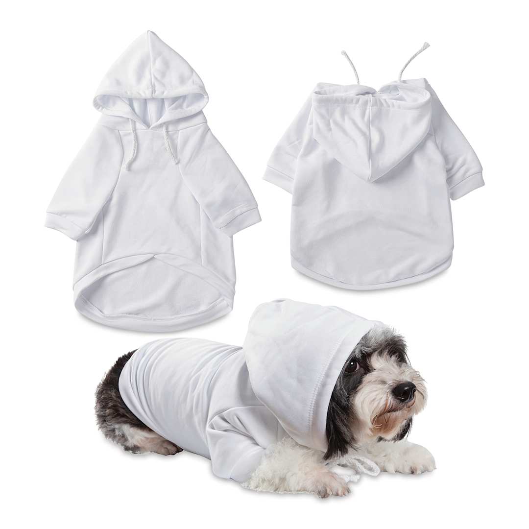 Open in modal - Craft Express Sublimation Printing Pet Product - Pet Hoodie, Large, Pkg of 2 (out of packaging, dog wearing shirt)