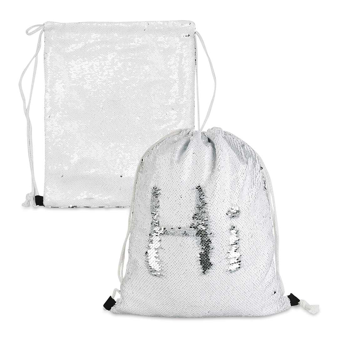 Open in modal - Craft Express Sublimation Printing Drawstring Backpacks - Sequin, Pkg of 2 (demonstrating reversible sequins)