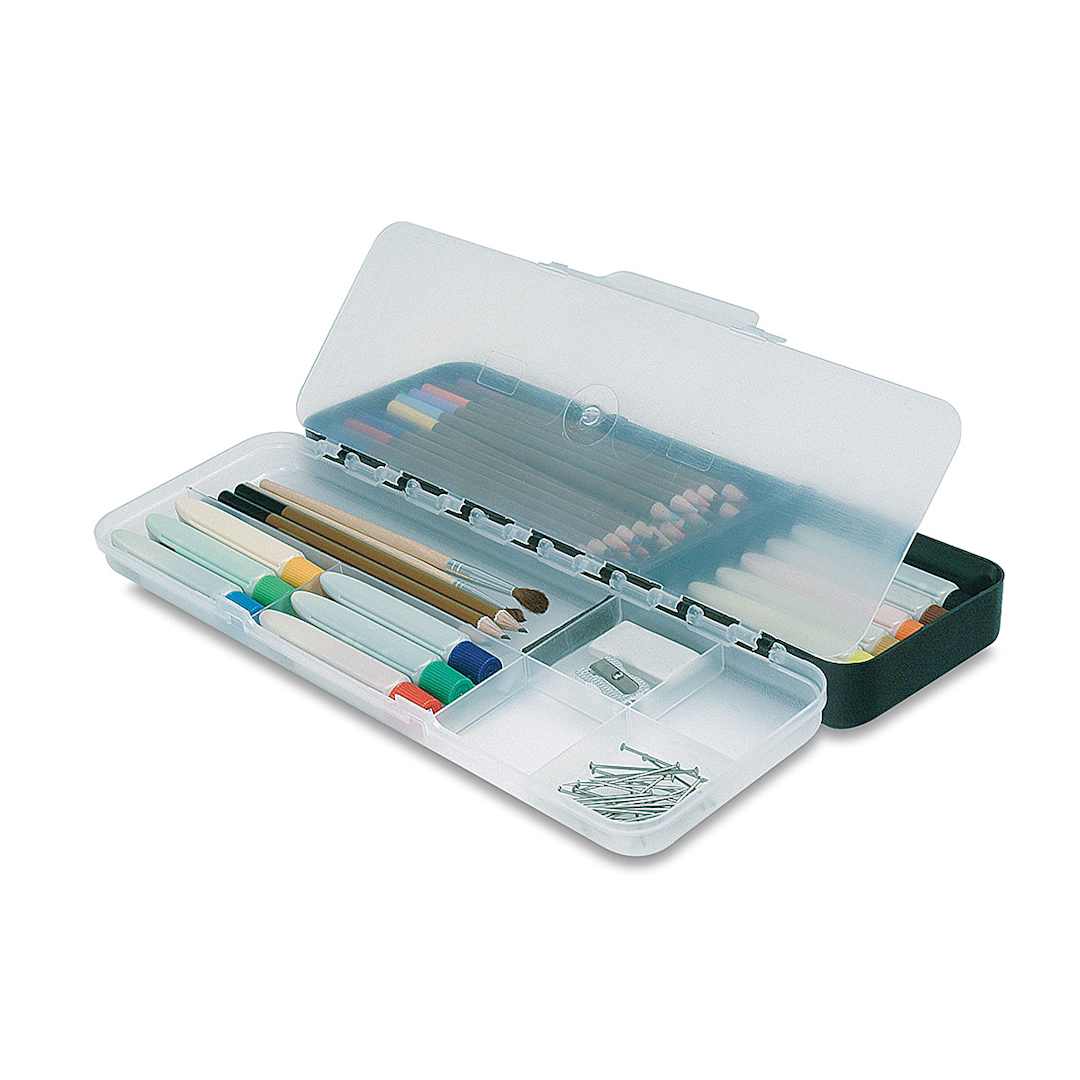 Open in modal - ArtBin Sketch-Pac - shown open with tray divider raised and filled with art supplies (not included)