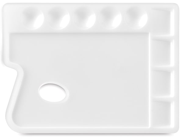 Open in modal - Richeson Rectangular Plastic Palette - Top view showing square and round wells and thumb hole