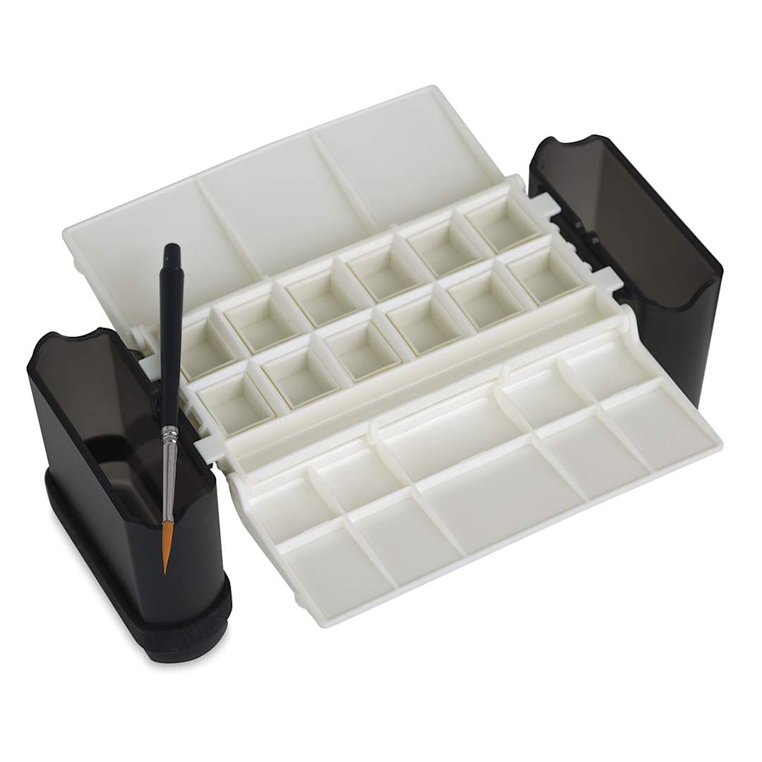 Open in modal - Portable Painter Watercolor Palette - Top view of open palette with Travel Brush and Water wells