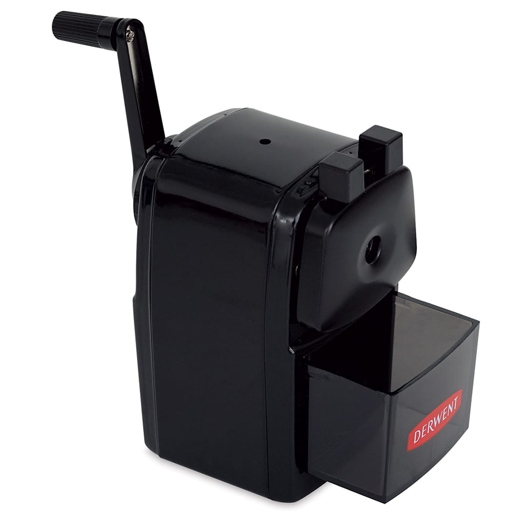 Open in modal - SuperPoint Manual Pencil Sharpener - left view of sharpener with shavings reservior pulled out