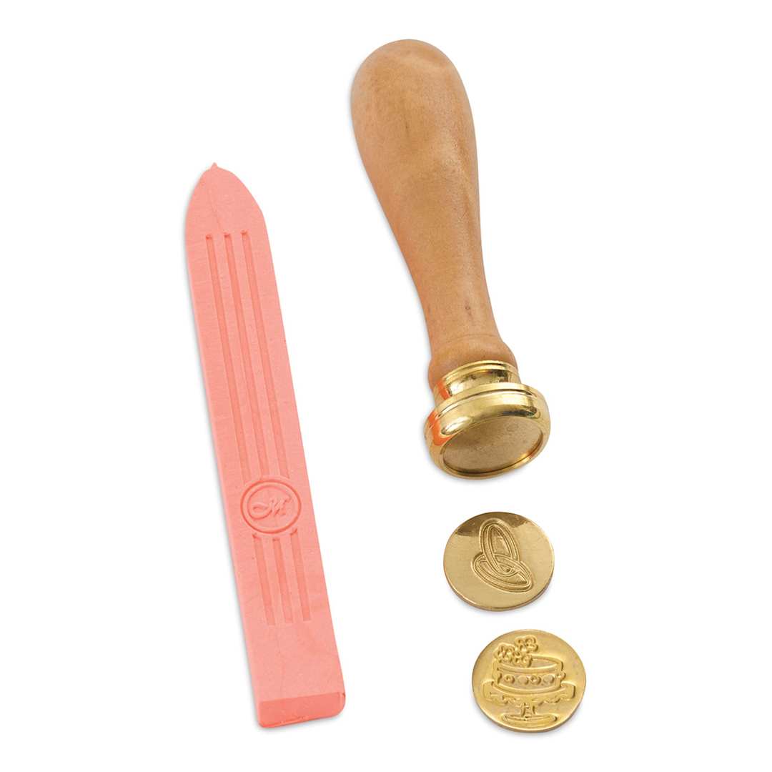 Open in modal - Manuscript Wax Sealing Kits - Components of 2 pc Wedding set showing 1 wick and 2 seals