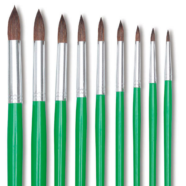 Open in modal - Blick Economy Ox/Pony Hair Brushes - Closeup of tips of Set of 9 Round brushes 
