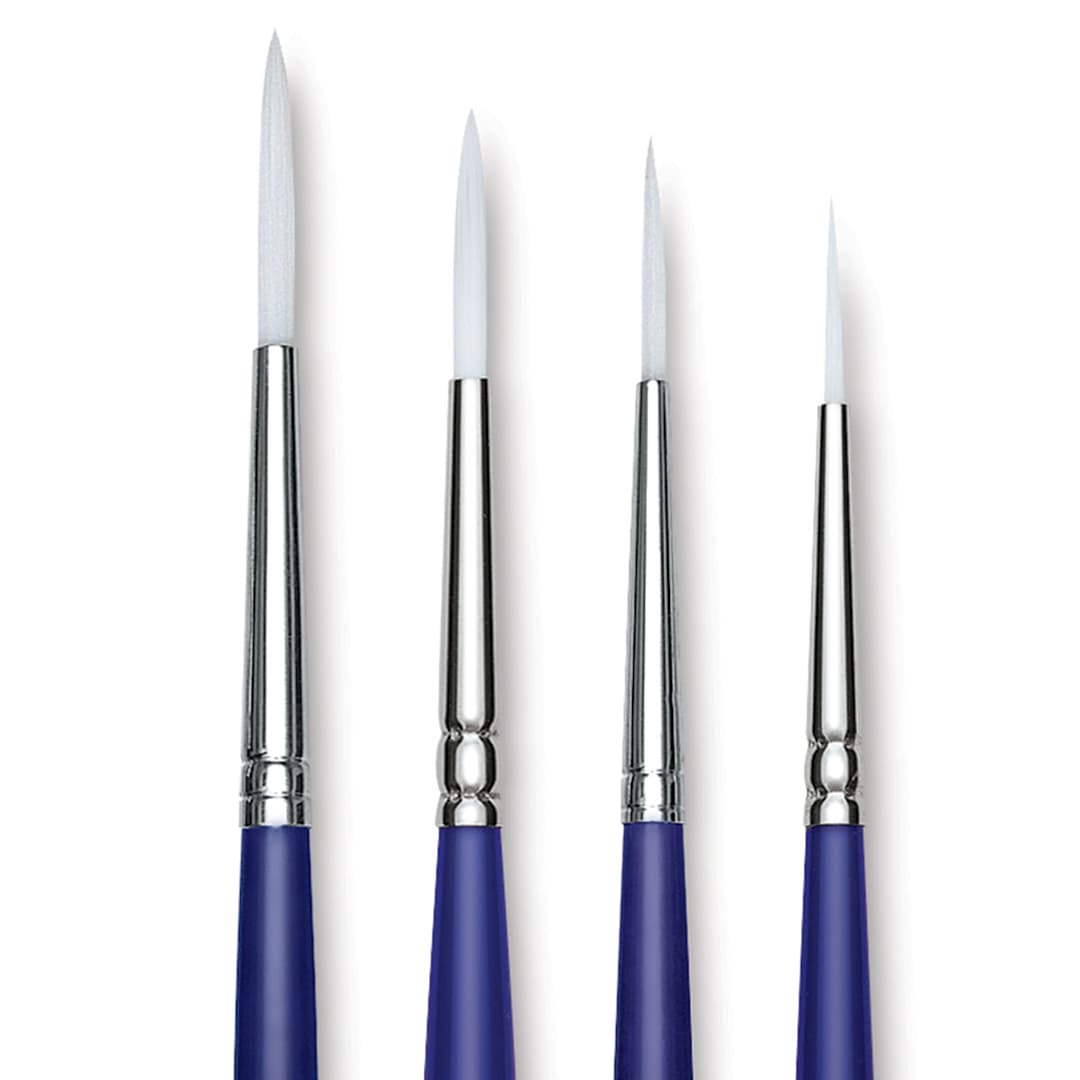 Open in modal - Blick Scholastic Wonder White Synthetic Brushes - Script, Short Handle, Set of 4. Row of brushes.