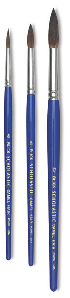 Open in modal - Blick Scholastic Camel Brushes - 3 Sizes of Round Brushes shown upright