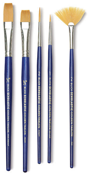 Open in modal - Blick Scholastic Golden Taklon Brushes and Sets, Assorted set of 5 short handle, full brush view