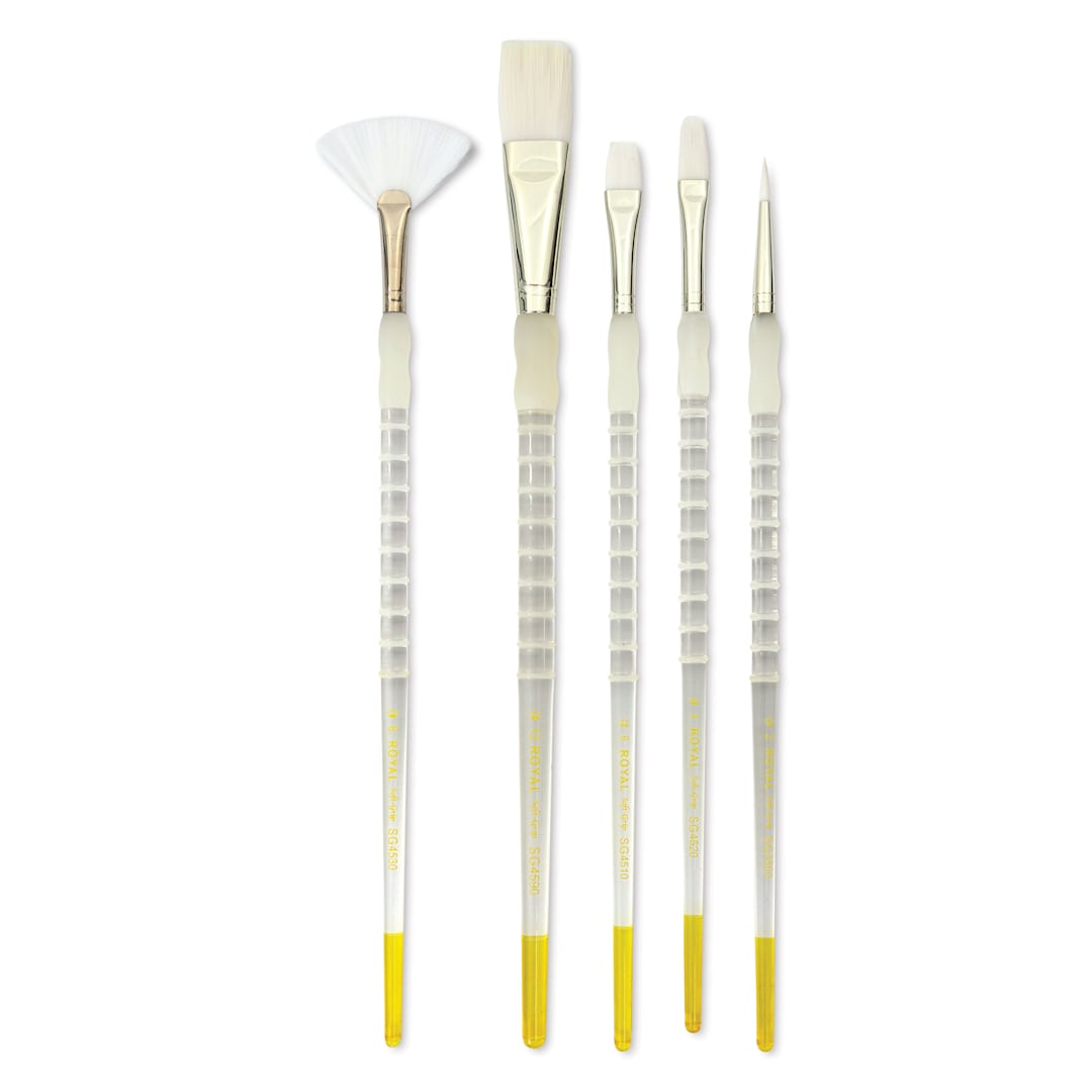 Open in modal - Royal & Langnickel Soft Grip White Taklon Brushes - Set 502, Long Handle, Set of 5, laid out